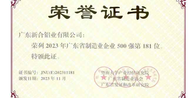 新河铝材耀目光芒：在广东省制造业企业五百强评选中斩获佳绩